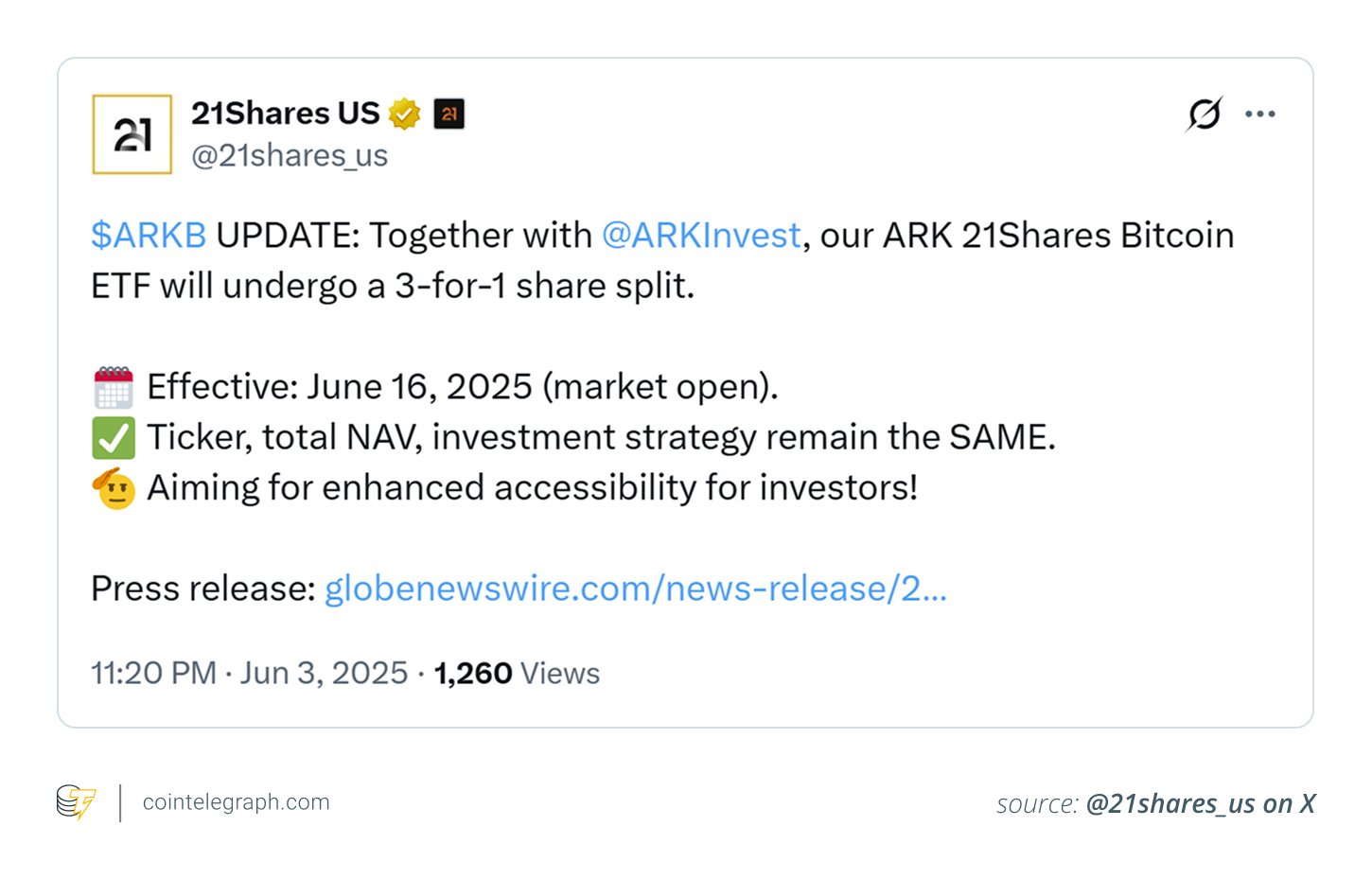 X announcement for ARK 21Shares Bitcoin ETF (ARKB) with 3-for-1 share split