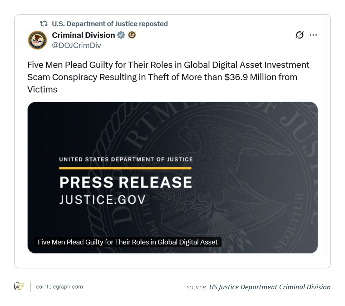 US Justice Department Criminal Division announcement on X